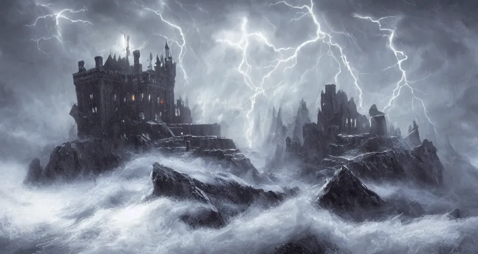 Image similar to lovecraftian eldritch!! castle!! wrapped in clouds on a black desert, snowy, windy, by eugene von guerard, ivan shishkin, night, lightning!!, storm!, dramatic lighting, concept art, trending on artstation, 8 k