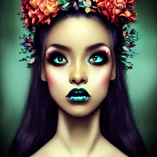 Prompt: portrait of a black woman inspired by Natalie Shau, Anna dittmann,flower crown, pretty eye makeup, cinematic