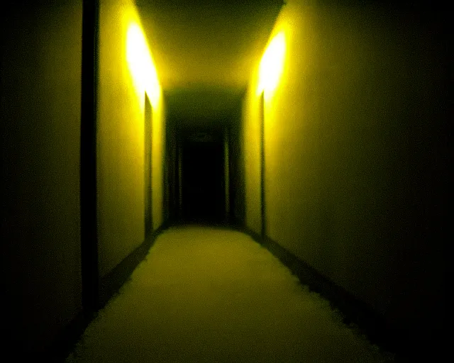 Prompt: dark abandoned hallway at night with eldritch horror, letterboxing, widescreen, 40mm tape, technicolour film, grainy, horror