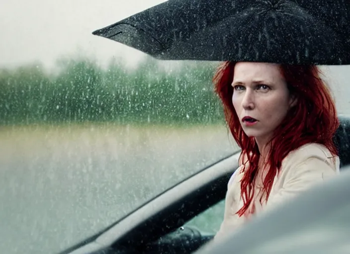 Image similar to A very high resolution image from a new movie, inside of a car, red hair woman, raining, hot, directed by wes anderson