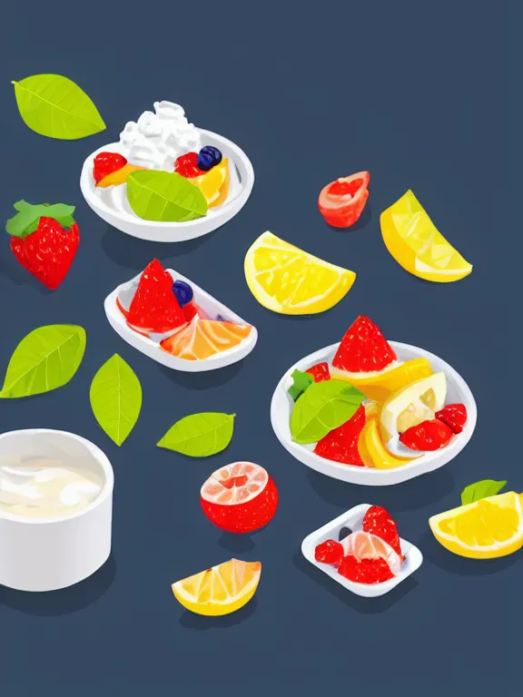 Image similar to miniature isometric diorama of yogurt with fruits, colorful