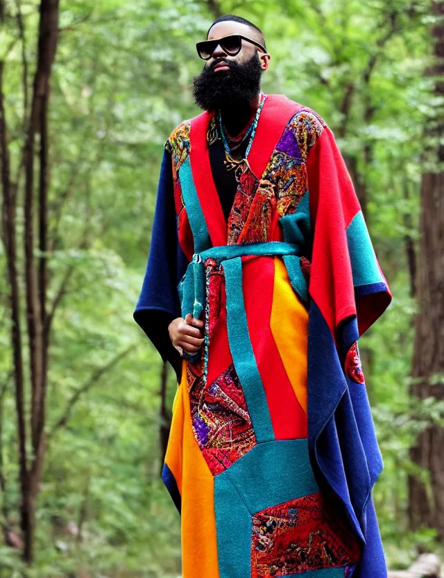 Image similar to longshot full modern detailed colorful cool handsewn textile cloak huge sleeves african american full beard shaved head nature creek river stream stones in the woods marc jacobs gucci robes chains necklace
