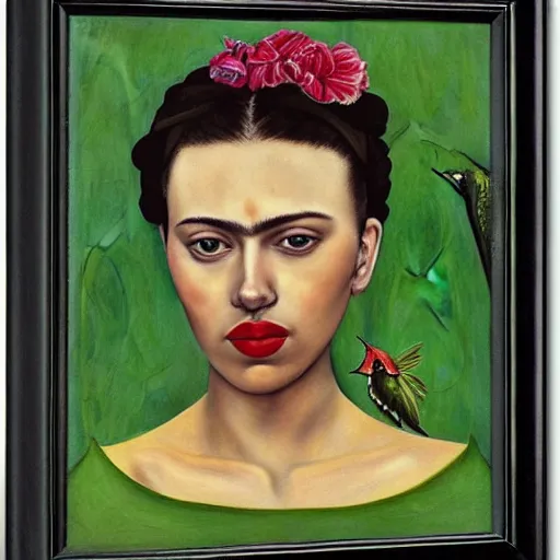 Prompt: painting Self-Portrait of scarlett johansson with Thorn Necklace and Hummingbird, by Frida Kahlo