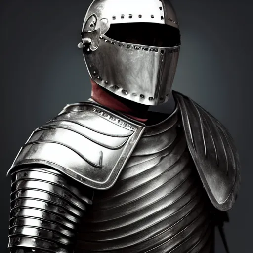 Image similar to portrait of a knight in armor, studio lighting, dark background, open helmet with face visible, photorealistic style