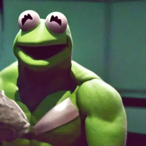 Image similar to photo of Kermit the frog as hulk in averngers movie