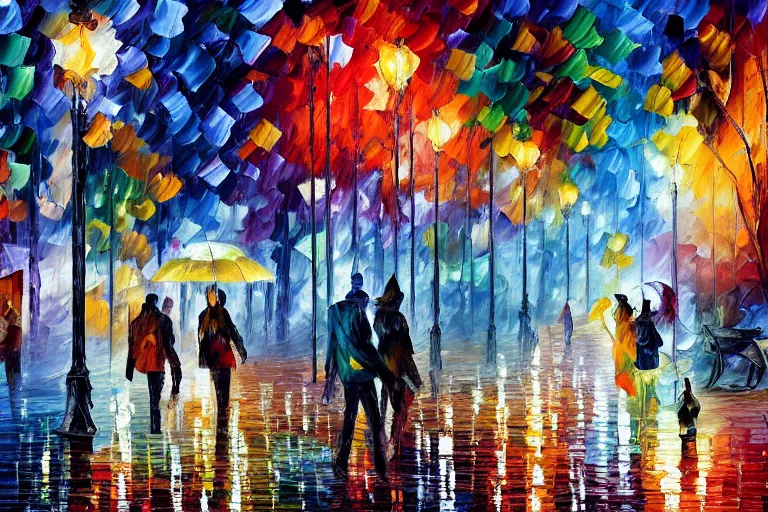 Prompt: a detailed painting of a park at night by leonid afremov and william de nuncques, rain puddles, a glitched dystopian city in the background, in foreground two plague doctors