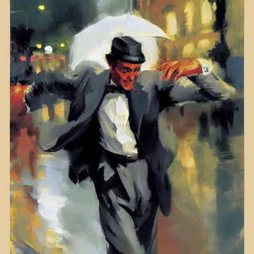 Prompt: poster of a man dancing in the rain by greg manchess