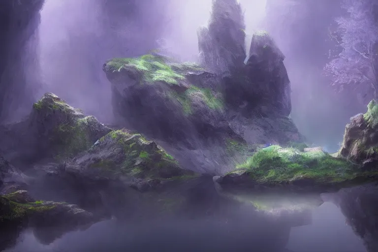 Prompt: beautiful stunning painting of a deep mysterious foggy rocky cave landscape filled with large magic glowing crystals and a small reflective pond, fantasy, digital art, volumetric light, realism, trending on artstation