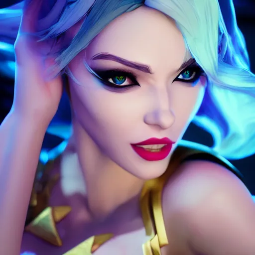 Image similar to still of pretty Ashe (League of Legends) in KDA More music video. 3d render, octane render, game art, realistic, highly detailed, trending on artstation, 4k, trending on artstation, pixar, cgsociety, unreal engine 5, redshift render, trending on artstation, blender, behance, cg