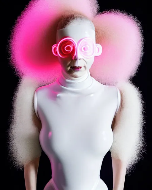 Image similar to portrait of a woman wearing a white embroidered translucent silicone mask and white neon pink frizzy hair buns, wearing a black bodysuit by alexander mcqueen, cream white background, soft diffused light, biotechnology, humanoide robot, bjork aesthetic, translucent, by rineke dijkstra, intricate details, highly detailed, masterpiece,