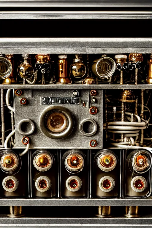 Image similar to A photo of a very old opened camera with vacuum tubes, capacitors and coils inside by Wes Anderson, grungy, weathered Ultra detailed, hyper realistic, 4k