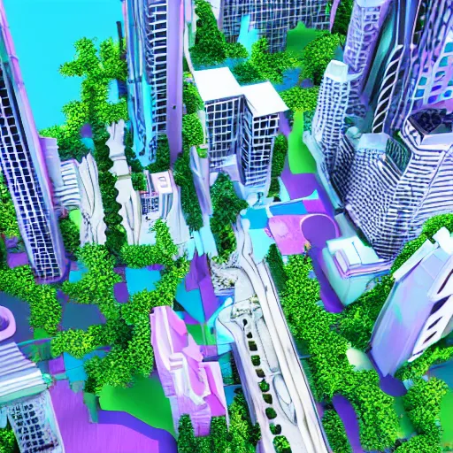 Image similar to vaporwave jungle city 3 d render