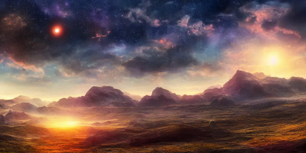 Prompt: celestial alien world landscape with a sunset on a rainy day, high detail, high definition, photorealistic, 8k