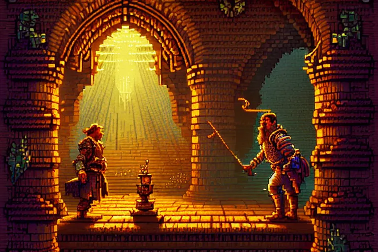 Image similar to the bard's tale, beautiful detailed pixelart by albertov, intricate details, beautiful, dithered gradients, volumetric lighting, cgsociety, artstation, smooth, sharp focus, 2 d illustration, amazing art by dan mumford