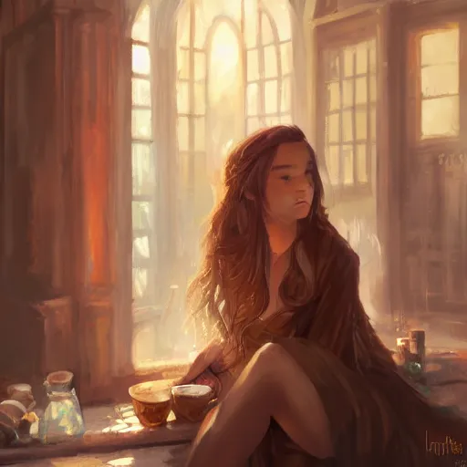 Image similar to a huge fantasy courtyard, a young pretty woman with long hair sits with a coffee, golden morning light, dramatic light, happy cozy feelings, oil painting trending on artstation