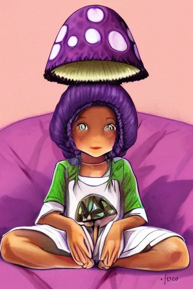 Prompt: a little girl wearing a mushroom hat in dress sitting on her bed with a slime in her lap | | purple hair with braids, pretty face, sharped details, digial art by jasper ejsing and lois van baarle, trending on pixiv, anatomically correct, perfect composition, symmetrical, fascinated, clean details