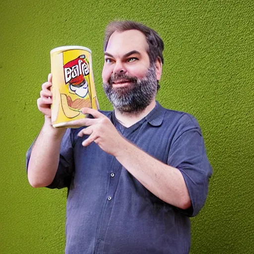 Image similar to Dan Harmon holding a Pringles can