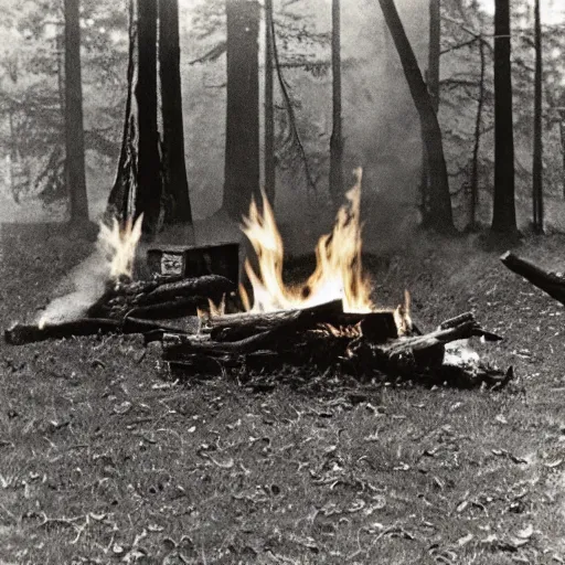 Image similar to vintage 7 0 s photo of campfire, horror, scary frightening