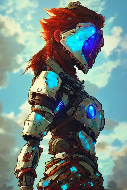 Image similar to combination suit armor aloy horizon forbidden west horizon zero dawn radiating a glowing aura global illumination ray tracing hdr fanart arstation by ian pesty and alena aenami artworks in 4 k tribal robot ninja mask helmet backpack