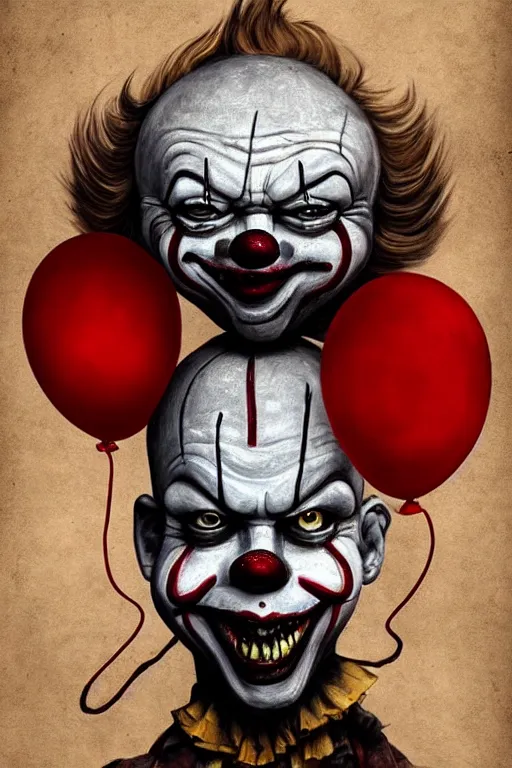 Image similar to surrealism grunge cartoon portrait sketch of Pennywise with a wide smile and a red balloon by - michael karcz, loony toons style, freddy krueger style, horror theme, detailed, elegant, intricate