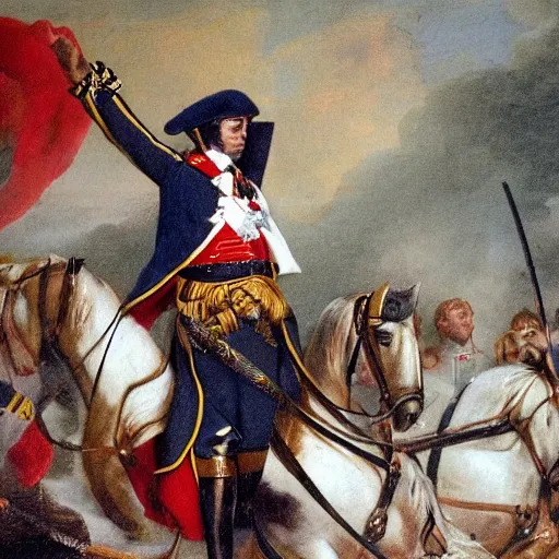 Image similar to emmanuel macron dressed as napoleon, firing a cannon, aiming at england