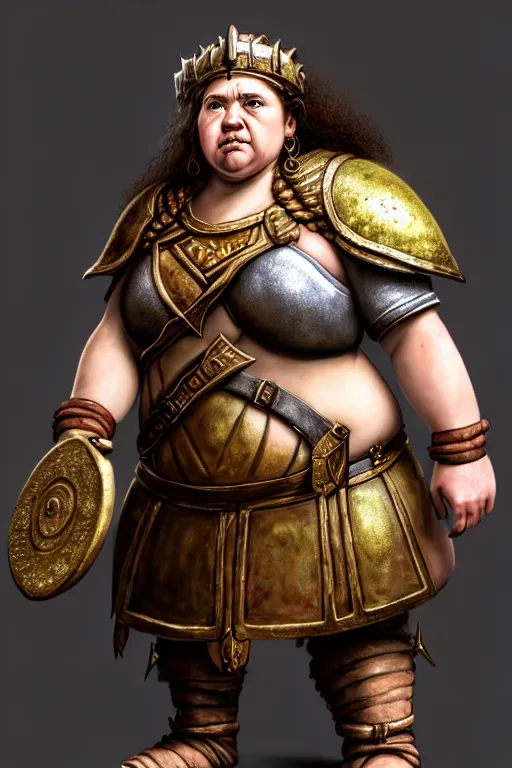 Image similar to hyperrealistic mixed media painting of a female dwarven cleric, chubby short stature, d&d, full body, mighty warhammer slug over her shoulder, stunning 3d render inspired art by P. Craig Russell and Barry Windsor-Smith + perfect facial symmetry + dim volumetric lighting, 8k octane beautifully detailed render, post-processing, extremely hyperdetailed, intricate, epic composition, grim yet sparkling atmosphere, cinematic lighting + masterpiece, trending on artstation, very very detailed, masterpiece, stunning