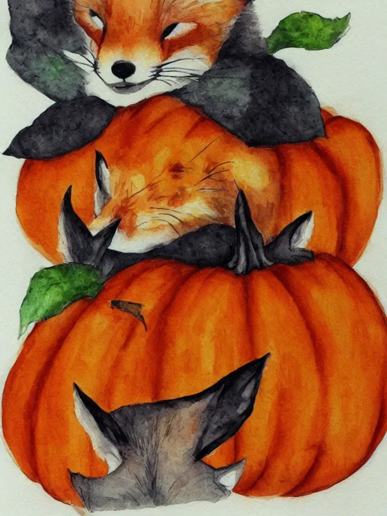 Image similar to autumn fox pumpkin watercolor by arti chauhan trending on artstation