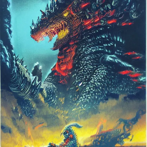 Image similar to a large anthropomorphic godzilla shaped mecha by paul lehr and moebius