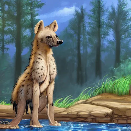 Prompt: A female anthropomorphic hyena at a hot spring, digital art