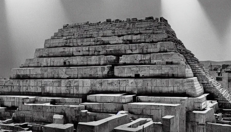 Image similar to 1 9 7 0 s andrei tarkovsky movie still of a pyramid building with columns, by piranesi, panoramic, ultra wide lens, cinematic light, anamorphic, marble hole