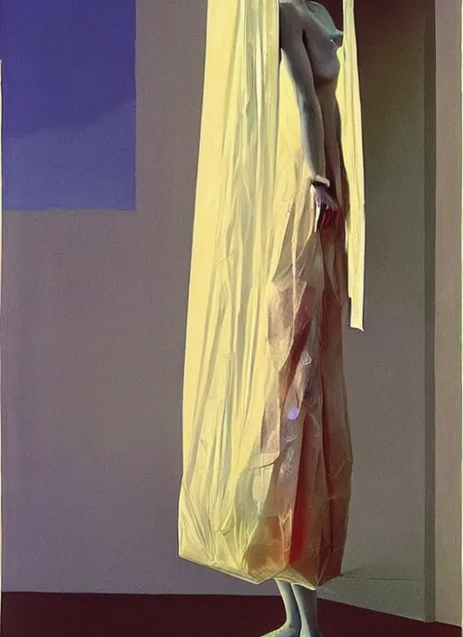 Image similar to woman in a translucent clothing made from plastic bag with paper bags for clothes standing inside paper bags with paper bag over the head at store display Edward Hopper and James Gilleard, Zdzislaw Beksinski, highly detailed