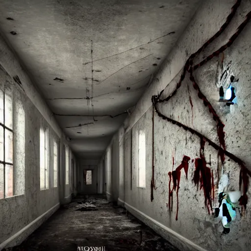 Image similar to haunted asylum with blood on the walls and chains hanging from the ceiling with a broken light bulb, right side of the wall is a broken window with light emitting through, realistic, hdr, clear image, hdd, dynamic lighting, rtx on,