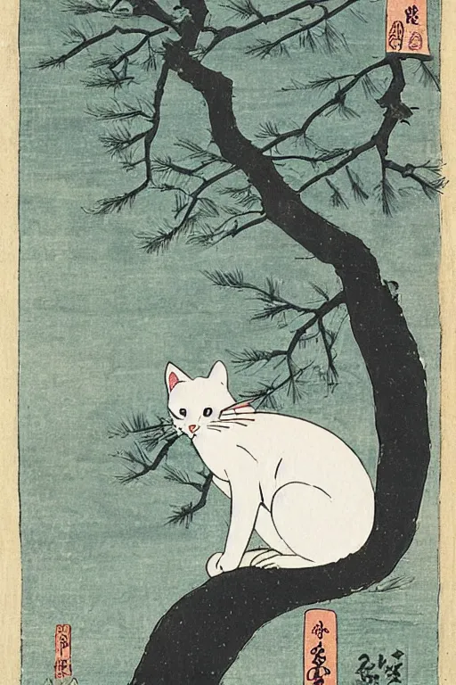 Image similar to white cat in the tree in winter day in the style of Utagawa Hiroshige