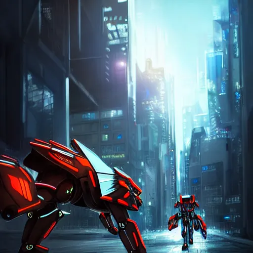 Image similar to hyper realistic, photographic, highly detailed cinematic full body shot of a mecha canine, sharp claws, sleek armor, glowing visor, charging through city, destroying city, digital art, furry art, dragon art, zoids art, furaffinity, deviantart