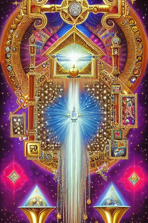 Prompt: a photorealistic detailed image of an ornate embellished geometric adorned in jewels and diamonds, isometric sacred magic key, spiritual evolution, science, divinity, utopian, triumphant, cinematic, mathematics, futuristic, by jason felix, david a. hardy, kinkade, lisa frank, wpa, public works mural, socialist