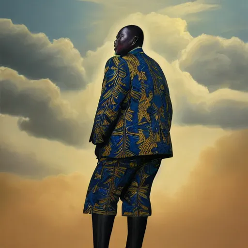 Image similar to a painting of a XXL wise elder from Kenya in a suit by Kehinde Wiley . dramatic angle, ethereal lights, details, smooth, sharp focus, illustration, realistic, cinematic, artstation, award winning, rgb , unreal engine, octane render, cinematic light, macro, depth of field, blur, red light and clouds from the back, highly detailed epic cinematic concept art CG render made in Maya, Blender and Photoshop, octane render, excellent composition, dynamic dramatic cinematic lighting, aesthetic, very inspirational, arthouse.