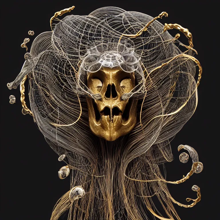 Image similar to black background. absolutely symmetrical sculpture. centered. goddess princess face close-up portrait ram skull. sculpture made of gold and black charcoal. jellyfish phoenix head, nautilus, orchid, skull, betta fish, bioluminiscent creatures, intricate artwork by Tooth Wu and wlop and beeple. octane render, trending on artstation, greg rutkowski very coherent symmetrical artwork. cinematic, hyper realism, high detail, octane render, 8k