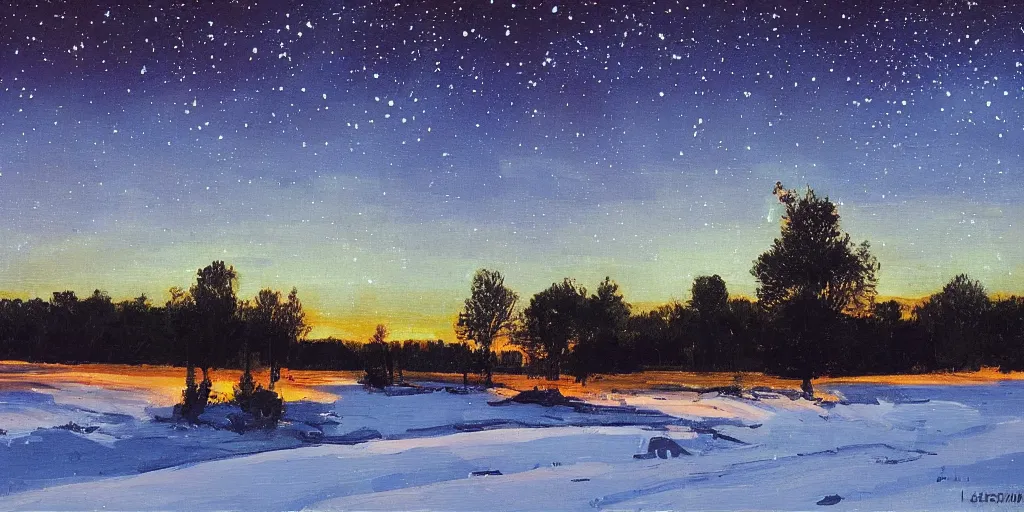 Image similar to “Eastern Front battlefield, nighttime, winter, illuminating flare shot up into the sky, stars visible, painting in the style of Isaac Levitan”