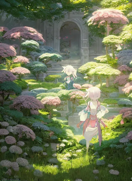 Image similar to genshin impact character klee in an enchanted garden, digital illustration, by makoto shinkai and ruan jia