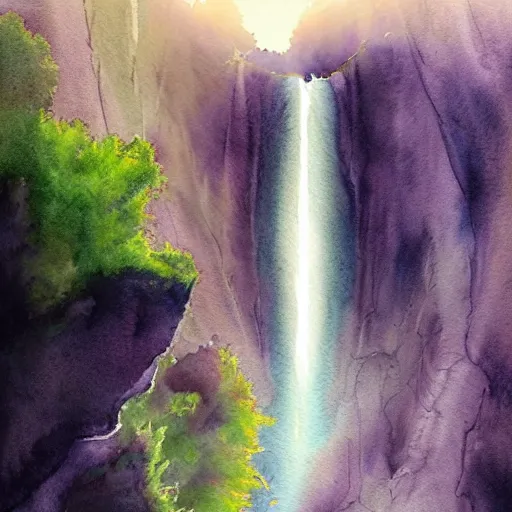 Image similar to beautiful lush natural scene on another planets majestic imposing cliffs. different than earth but beautiful. lightfall. beautiful detailed artistic watercolor. trending on artstation and deviantart.