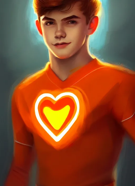 Image similar to kind teenage archie andrews wearing an orange superhero costume, superhero costume with heart emblem, cape, intricate, elegant, glowing lights, highly detailed, digital painting, artstation, sharp focus, illustration, art by wlop, mars ravelo and greg rutkowski