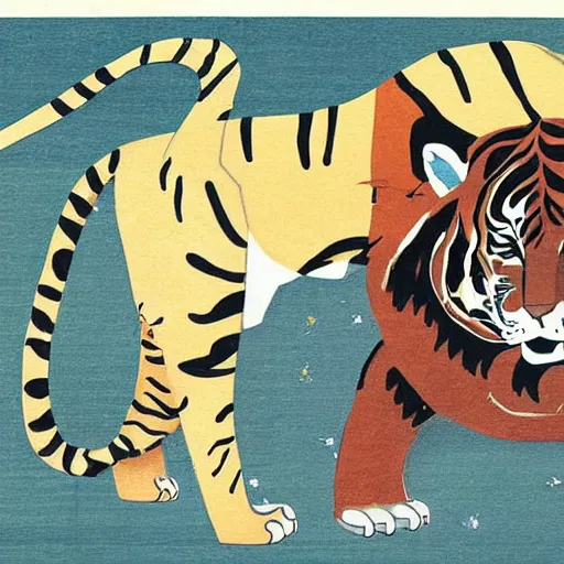 Image similar to a delorean protecting a tiger, japanese magazine collage, art by hsiao - ron cheng and utagawa kunisada