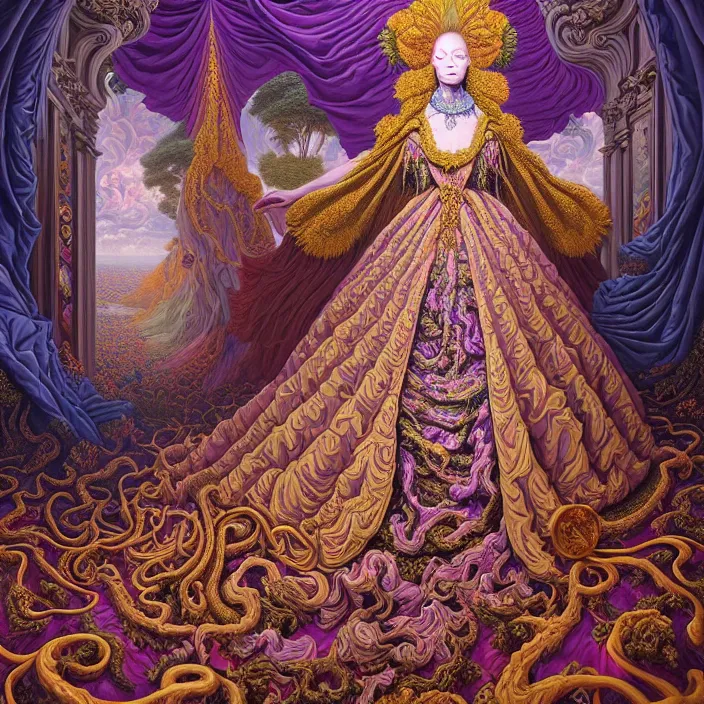 Image similar to beautiful oil painting, full length portrait of dauphinois in baroque coronation robes 1701, Dan Mumford, Dan Mumford, Alex grey, hyacinthe rigaurd, highly detailed , lsd visuals, dmt fractal patterns, hallucinogen, visionary art, psychedelic art, ornate, vaporwave, baroque, Greg rutkowski