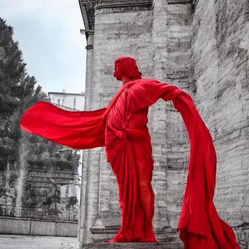 Image similar to a roman statue covered by red cloth that's blowing in the wind, digital art, concept art, cloth simulation with houdini, octane, redshift, 8 k