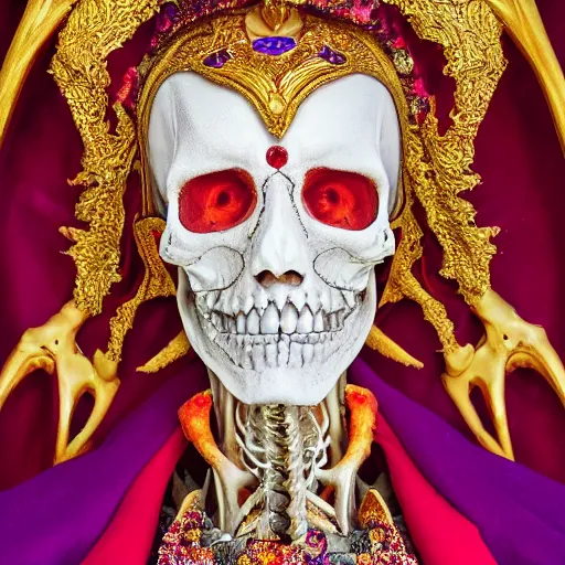 Image similar to photorealistic still portrait photograph of ainz looking at the camera, overlord, regal purple gold robe, large red shoulder rubies, depth of field, soft focus, highly detailed, intricate, realistic, national geographic cover, textured detailed skeleton, professional archeological photograph