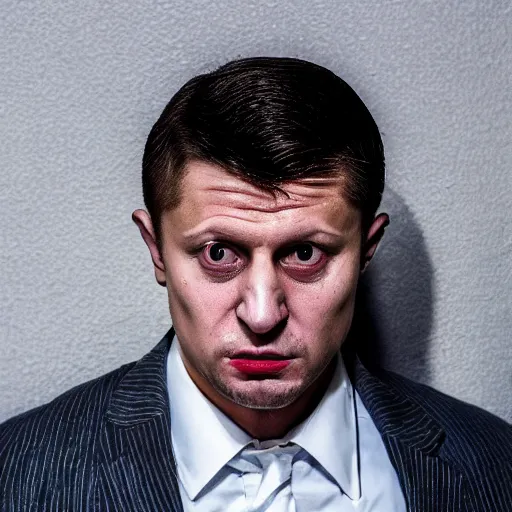 Prompt: Volodymyr Zelenskiy as The American Psycho, sweating profusely, staring intensely