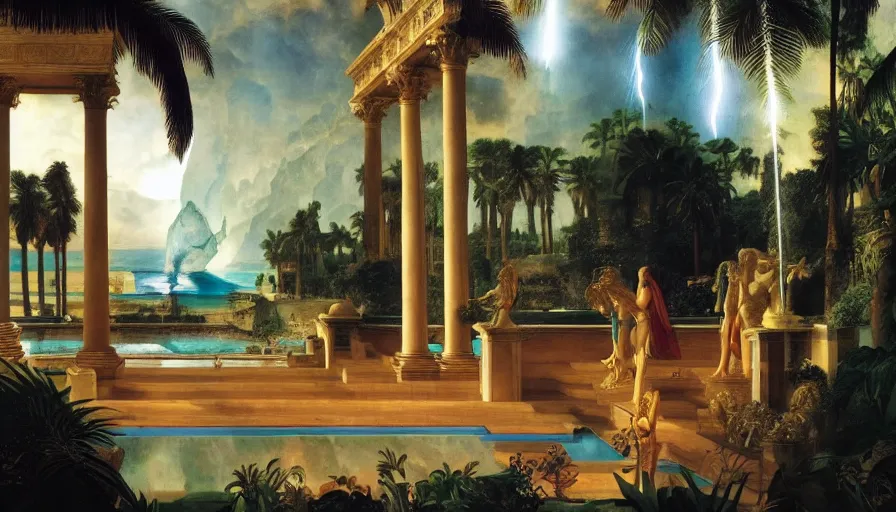 Image similar to Inside the giant Palace, mediterranean balustrade and columns line, refracted sparkles, thunderstorm, greek pool, beach and Tropical vegetation on the background major arcana sky and occult symbols, by paul delaroche, hyperrealistic 4k uhd, award-winning, very detailed paradise