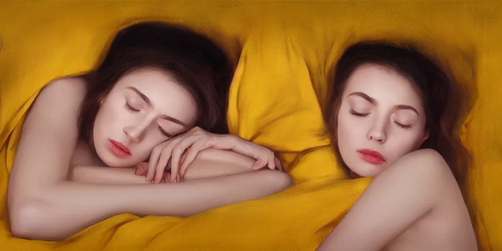 Image similar to beautiful oil matte portrait painting, young woman with closed eyes lying on a red bedsheet with blue pillows wearing a mustard yellow dress, detailed face, wonderful masterpiece highly detailed, beautiful cinematic light deep focus, elegant, digital painting, smooth, sharp focus, golden ratio, dramatic illumination, ultra realistic, 8 k, art by jimmy law