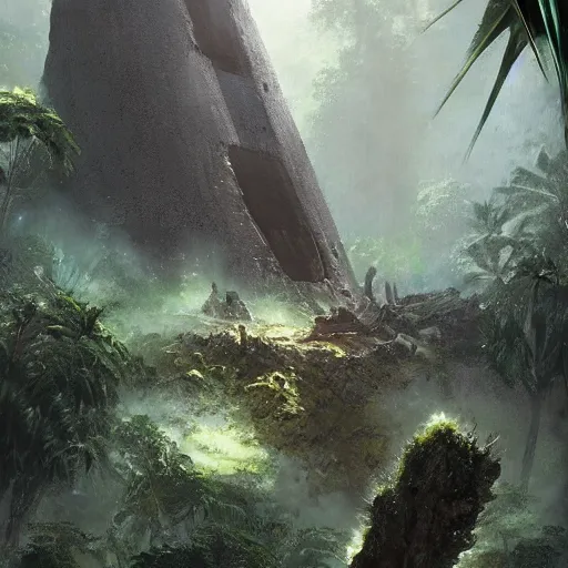 Image similar to An intact ancient alien ship, discovered half-buried in the jungles of Papua New Guinea, detailed fantasy art by Greg Rutkowski