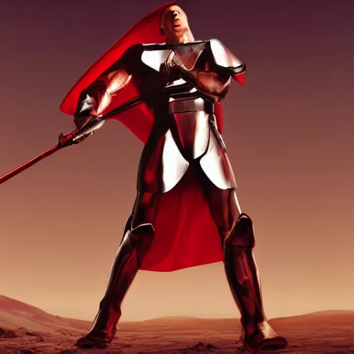 Image similar to portrait of a tall athletic muscular infantry man in glossy sleek white armor with tiny red details and a long red cape, heroic posture, on the surface of mars, night time, dramatic lighting, cinematic, sci-fi, hyperrealistic, movie still